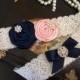 wedding garter  set, navy blue/pink bridal garter set, navy blue/pink rolled rosette, pearl, rhinestone