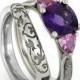 Wedding Sale Purple Amethyst Ring, Pink Sapphires and Meteorite with Dinosaur Bone Wedding Band on White Gold Wedding Ring Set