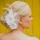 Bridal hair flower, Fabric flower, Bridal headpiece, Flower with feather, Bridal veil, Handmade fabric flower, White Wedding