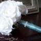 Ivory Rose Silk Bridal Bouquet with Aqua Satin and Rhinestone Wrap