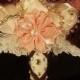 Peach, Chocolate and Ivory ribbon flowers and Brooch Wedding Bridal Bouquet