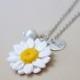 Daisies White Necklace, White Pendant, Personalized Initial Disc Necklace, Bridesmaid Necklace, White Bridesmaid Jewelry, Daisies Flower