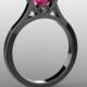14k black gold engagement ring,7mm round pink sapphire and two 2mm natural black diamonds, AKR-471