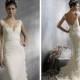 Lithe Style V-neck Sheath Lace Court Train Wedding Dresses with Cap Sleeves