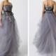 Luxury Grey Wedding Dress Strapless Tulle Ball Gown with Tucked Skirt