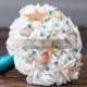 Malibu blue or turquoise seashell wedding bouquet with shells and starfish and malibu or turquoise crystal pins