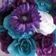 Wedding bouquet Bridal silk flowers 17 piece package TURQUOISE PURPLE Plum Peacock Feather Bridesmaid Maid of Honor  RosesandDreams