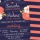 10 Mason Jar Wedding Invitations, Mason Jar shaped cards, Navy and Coral, Country Wedding, Modern floral wedding