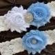 Wedding Garter Belt, Bridal Garter Set - Lace Garter, Keepsake Garter, Toss Garter, Shabby Chiffon Rosette Baby Blue White, Something Blue