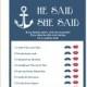 Nautical Bridal Shower Game DIY // Nautical Game, Navy, Anchor // He Said, She Said Printable PDF // Wedding Shower Game ▷ Instant Download