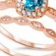 Vintage Wedding Engagement Ring Round Swiss Blue Topaz Zircon Clear CZ Halo Two Piece Ring Band Bridal Set Rose Gold 925 Sterling Silver