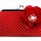 Cherry Red Clutch with Deep Red Flower Brooch 8-inch CAMELLIA