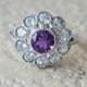 Vintage Amethyst and Aquamarine Daisy Flower Cluster Halo Ring in White Gold Size 8