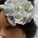 Ivory baby headband, infant headband, baby headband, ivory shabby flower with pearl on elastic lace headband, 