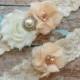 PEACH flower  / IVORY  chiffon / wedding garter set / bridal  garter/  lace garter / toss garter included /  wedding garter