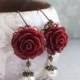 Deep Red Rose Earrings Marsala Bridesmaids Earrings Cream Pearl Drop Leverback Earrings Dark Maroon Winter Wedding Gothic Romantic Christmas