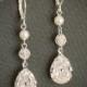 PHILBERTA, Modern Vintage Style SWAROVSKI Teardrop Crystal Earrings, Statement Bridal Jewelry, Pearl and Rhinestone Bridal Earrings