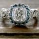 1 CT Cushion Cut Diamond Engagement Ring in 14K White Gold with Teal Blue Diamonds in Vine Motif Setting Size 6.5