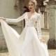 Elegant V Neck Long Sleeve With Beading Chiffon White Lace Wedding Dress