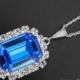 Sapphire Blue Halo Crystal Necklace Swarovski Rhinestone Large Pendant Wedding Royal Blue Necklace Dark Blue Silver Octagon Bridal Necklace