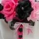 Wedding Bridal Bouquet Your Colors Hot Pink Black Pink Bridesmaids Bouquet Roses Toss  Boutonniere Corsages  FREE SHIPPING