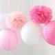 Set of 9 Mixed Pink Fuchsia White Tissue Paper Pom Poms and Paper Lantern Wedding Garland Bridal Shower Birthday Party Hanging Decoration
