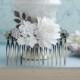 White Flowers Large Comb, Rose, Pearl, Rhinestone Diamente, Leaf Sprig Antiqued Brass Hair Comb. White Vintage Rustic, White Bridal Wedding