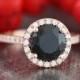Black Spinel Gemstone Halo Diamond Engagement Ring in 14k Rose Gold Half Eternity Diamond Wedding Band (Bridal Wedding Ring Set Available)