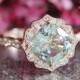 Rose Gold Green Amethyst Diamond Engagement Ring in Vintage Floral Scalloped Diamond Wedding Band 14k Gold 8x8mm Cushion Green Gemstone Ring
