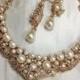 wedding jewelry, Bridal jewelry, Bridal bib necklace earrings , pearl rhinestone ribbon bridal necklace, Golden bridal crystal necklace