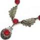 Art Deco Necklace - Red, Filigree, Lavalier, Costume Jewelry