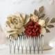 Vintage Inspired Wedding Floral Bridal Hair Comb Red Burgundy Khaki Almond Apricot Ivory Flowers Brass Leaf Collage Hair Comb Woodland Hair