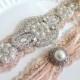 Bridal Gatsby Nude Beaded Applique Rhinestone Pearl Garter Set.  Ostrich Feather Crystal Blush Stretch Lace Wedding Garter set.  GATSBY LOVE