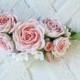 Pink peach roses in bud White small piece of hair color. Bride hair. wedding. Bridesmaids Ready to Ship.