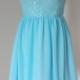 2015 Scoop Blue Lace Chiffon Short Bridesmaid Dress with Back Buttons