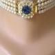 SAPPHIRE Bridal Choker, Great Gatsby, Pearl Choker, Bridal Jewelry, Pearl Necklace, Pearl And Sapphire Necklace, Art Deco Statement