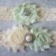 Mint Green & Ivory Wedding Garter Set - Choose Rhinestone or Pearl