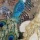 PEACOCK Wedding Cake Toppers Glittery Iridescent Green Teal White Gold Pair of Birds Feathers Herl Swarovski Crystal Rhinestone Customizable