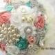Brooch Bouquet, Coral, Ivory, Cream, Turquoise, Aqua, Blue , Bridal, Elegant Wedding, Vintage Style, Jeweled, Pearls, Crystals, Lace,