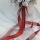 Wedding Bridal Floral Bouquet - Silk Rose Flowers - Burgundy And Silver With Raindrops And Organza / Satin Ribbons (SRWB-042)