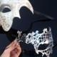 His & Hers Classic Phantom Masquerade Masks [Ivory/Silver Themed] - Ivory Half Mask and Silver Laser Cut Masquerade Mask with Diamonds