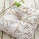 White wedding rustic ring pillow, burlap and lace bearer pillow