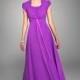Beautiful Purple Square Neckline Sash / Ribbon Empire Wasit Chiffon Satin Gown with Cap Style Sleeves for Bridesmaid