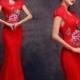 Floral embroidered stand up TangZhuang collar red lace wedding dress