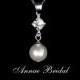 Pearl pendant necklace, bridal jewelry, White pearl drop pendant from square rhinestone, wedding, Swarovski, "Simply Divine" necklace