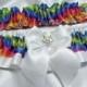 Rainbow Wedding Garter set - w/ Large Bow and Beautiful Crystal Adornment - Available w/ White, Ivory, or Black
