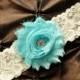 SALE Wedding Garter, Bridal Garter - Ivory Lace Garter, Toss Garter, Shabby Chiffon Rosette Light Aqua, Light Aqua Wedding Garter