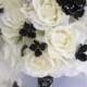 2pcs Wedding Bridal Bride Bouquet Groom Boutonniere w/Gem Jewelry IVORY BLACK