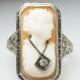 Vintage Antique Late Edwardian Diamond Shell Cameo Ring 14k White Gold - Size 6 - Free Sizing