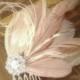 Wedding Feather Hair Fascinator, Nude and blush pink champagne feather hair comb with pearl rhinestone center, made to order